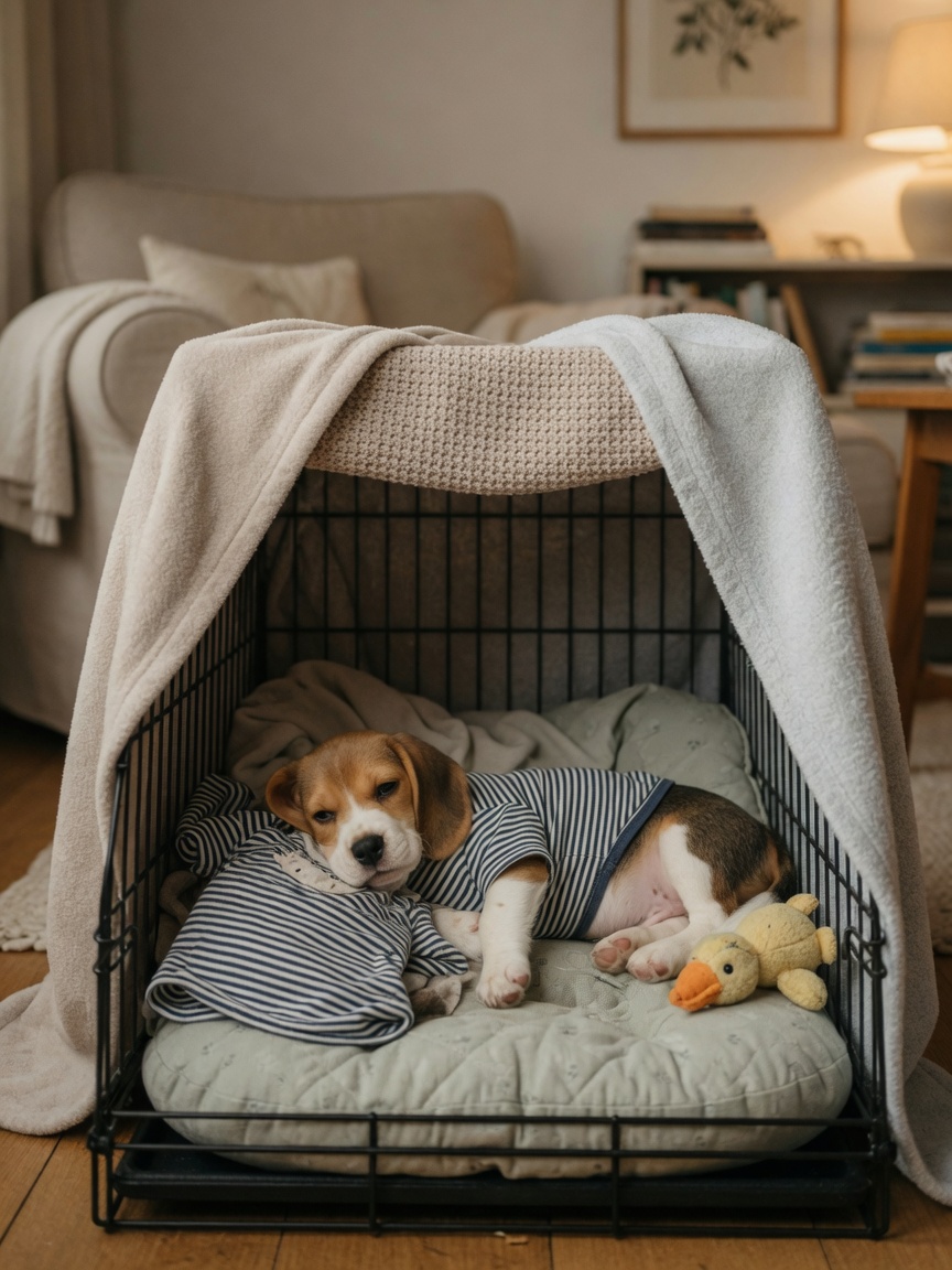 Puppy crate set up as den with tan and white Beagle puppy resting inside on cushion with blankets and comfort items