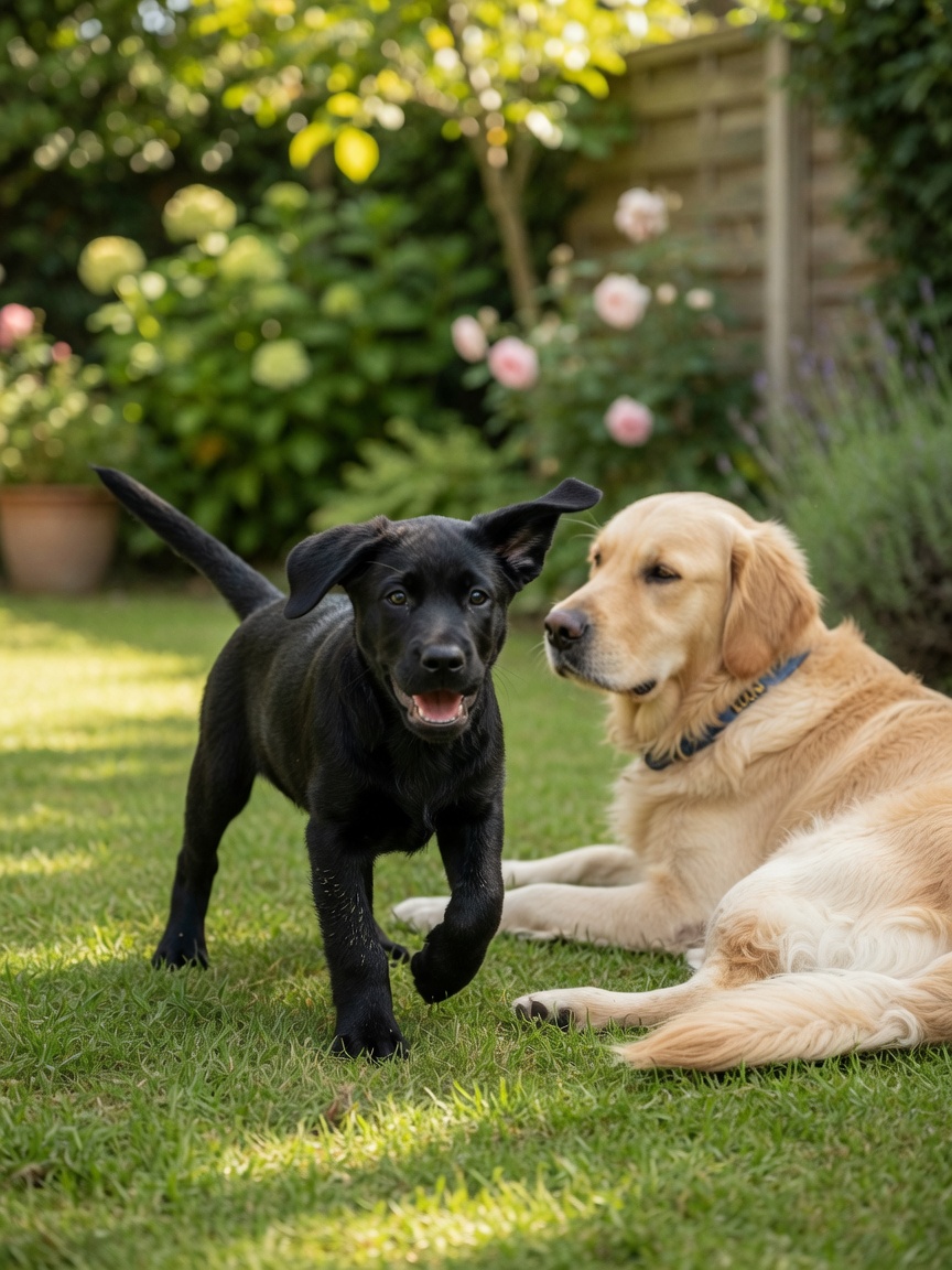 A young black Labrador puppy playing confidently with a calm adult golden retriever in a private garden, demonstrating positive supervised interaction during the critical socialisation period.