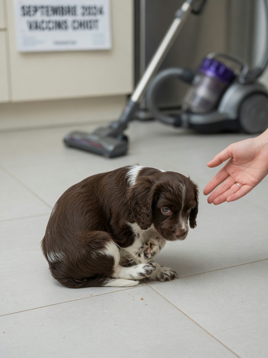 A puppy displaying shutdown behaviour with tucked tail and frozen posture near a household appliance, illustrating the difference between tolerance and genuine confidence during socialisation.