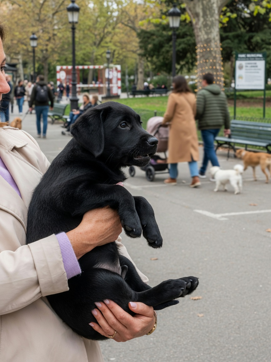 Ein junger schwarzer Labrador-Welpe in den Armen einer Frau auf einem belebten Gehweg in der Stadt, sicher Stadtgeräusche und -bilder ohne Bodenkontakt während des kritischen Sozialisierungsfensters erlebend.