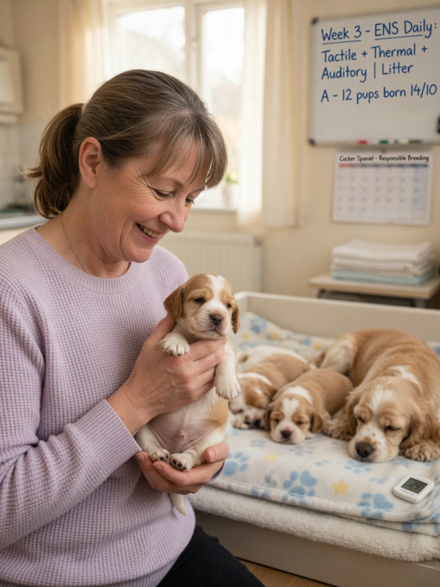 Ein verantwortungsvoller Züchter hält sanft einen winzigen drei Wochen alten Cocker-Spaniel-Welpen in den Händen und demonstriert frühe neurologische Stimulation und sorgfältige Handhabung in den kritischen ersten Lebenswochen.