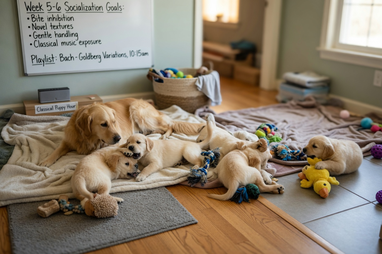 Mother dog nursing and playing with litter of young puppies on various textured surfaces during early socialization period
