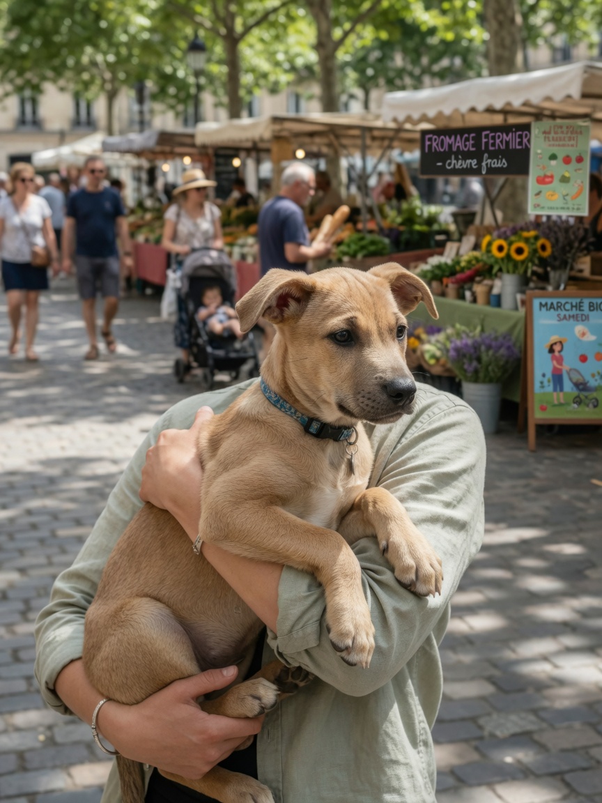 A young puppy being carried in a busy public outdoor market environment, safely exposed to multiple people and stimuli