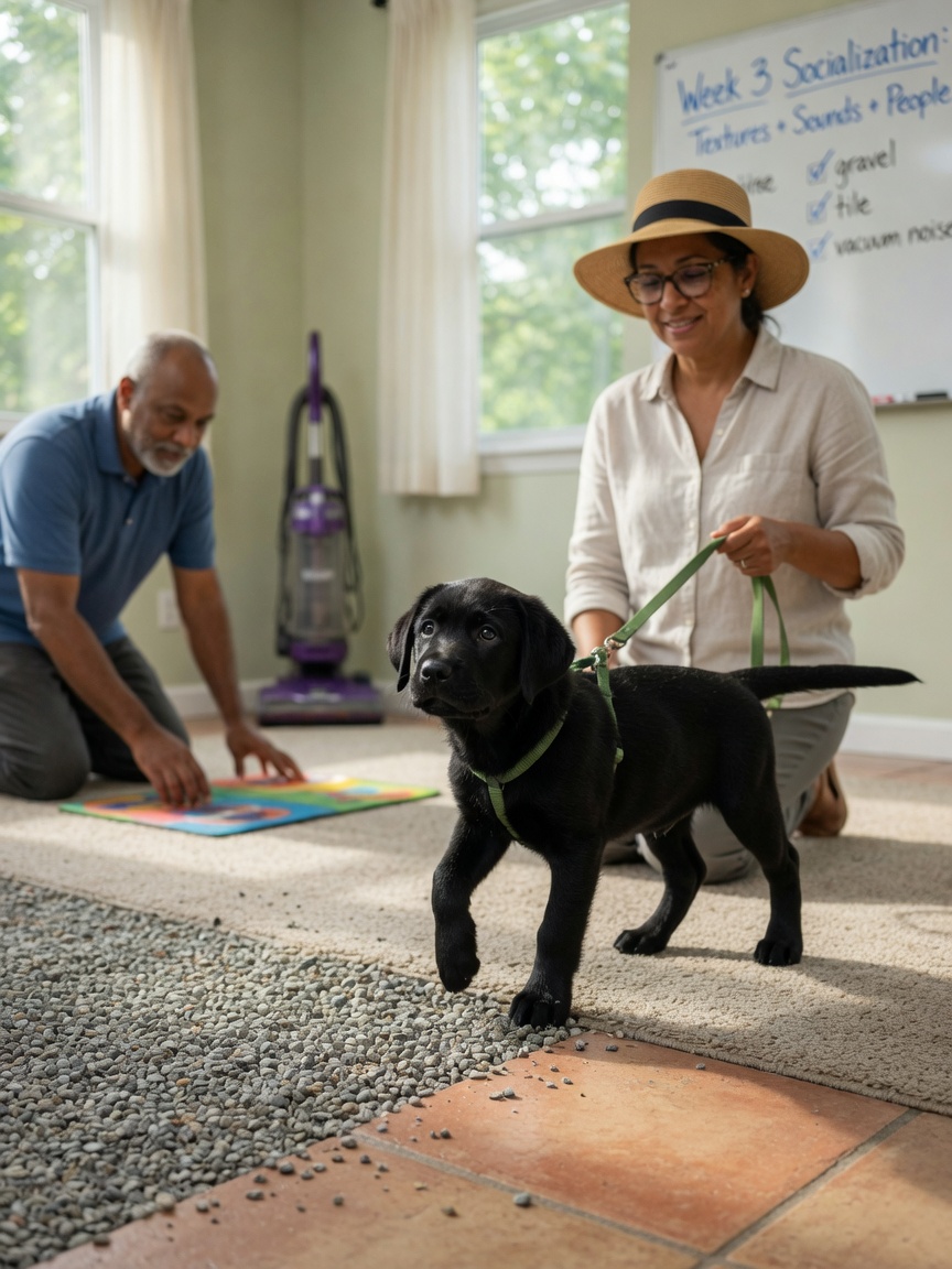 Puppy exposed to diverse people types, sounds, and surface textures during socialization
