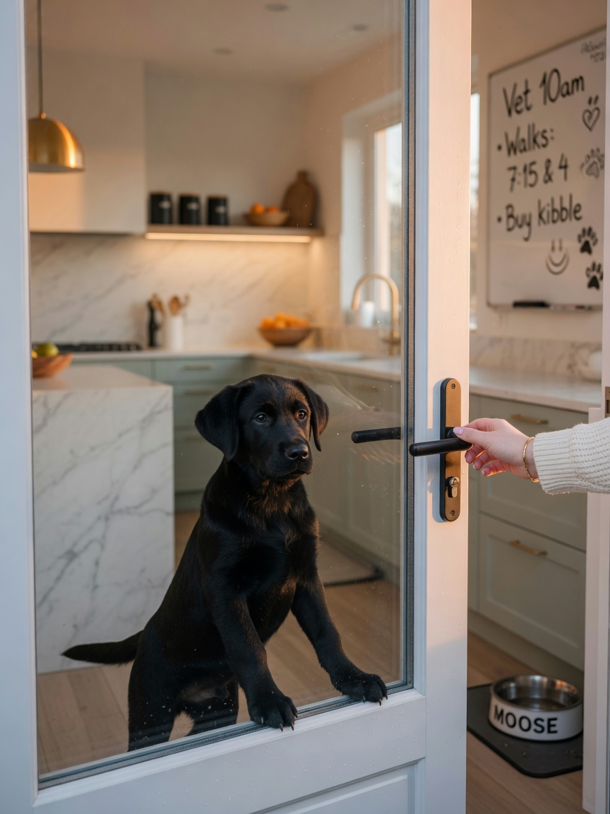 Black Labrador puppy at back door during early morning, waiting to go outside for toilet training routine