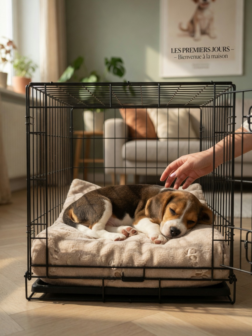 Beagle puppy resting peacefully in a properly-sized crate with soft blanket, demonstrating safe crate training environment