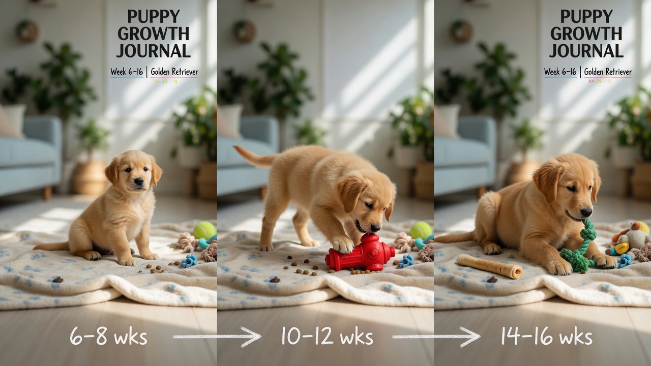 Three-stage comparison showing puppy growth from 6 weeks to 16 weeks of age