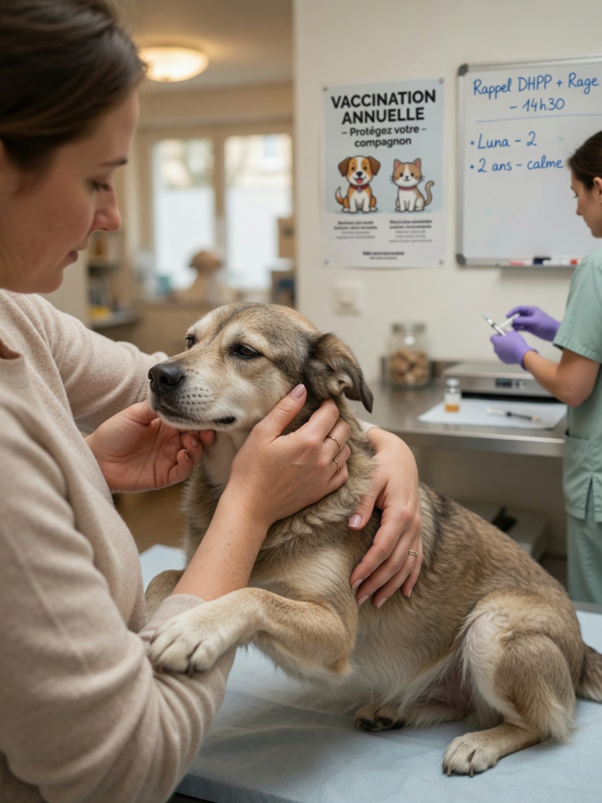 Adult dog and owner at veterinary clinic during booster vaccination appointment