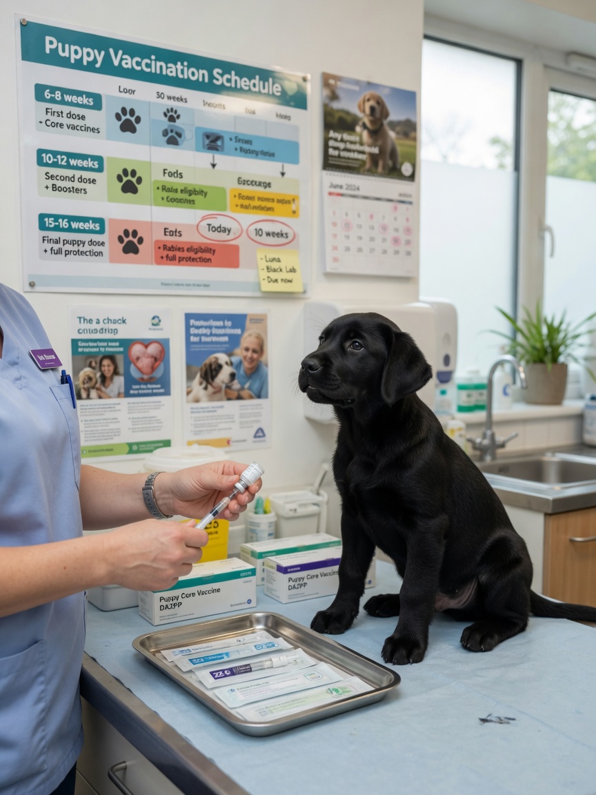 Puppy vaccination schedule chart with young Labrador puppy at veterinary clinic during examination