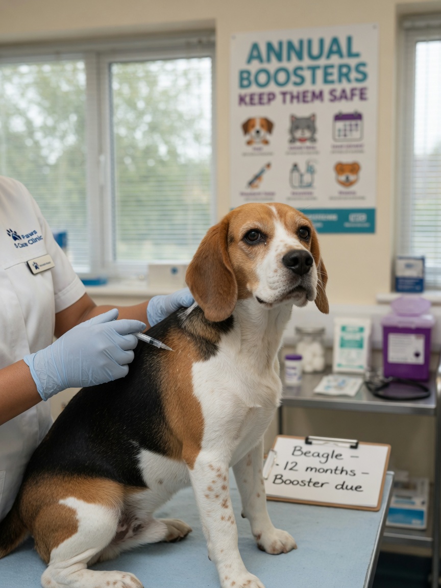 Adult dog receiving booster vaccination injection at veterinary clinic