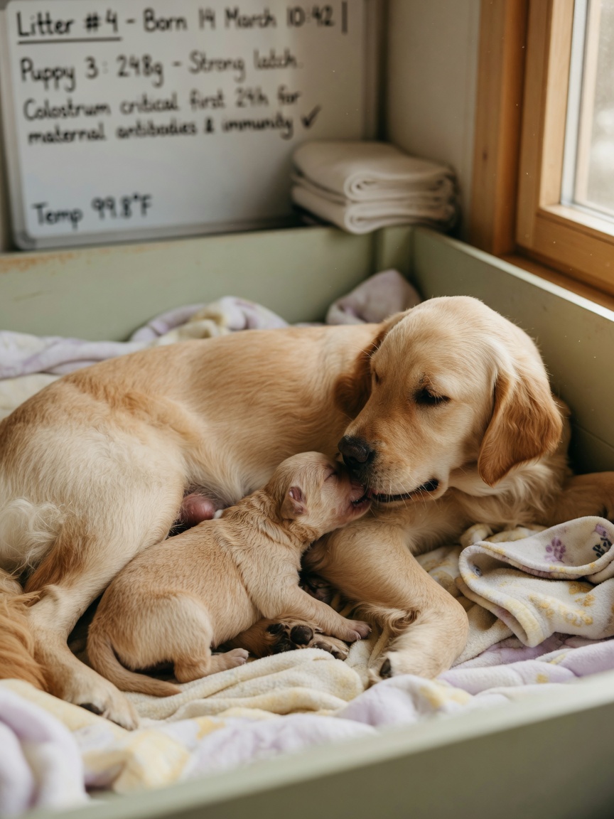 Newborn Golden Retriever puppy receiving colostrum and maternal antibodies from mother