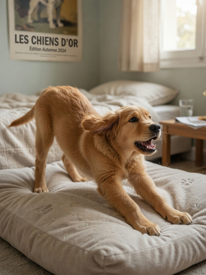 Golden Retriever puppy waking from nap on soft bed, stretching with front paws extended, showing the moment of energy buildup