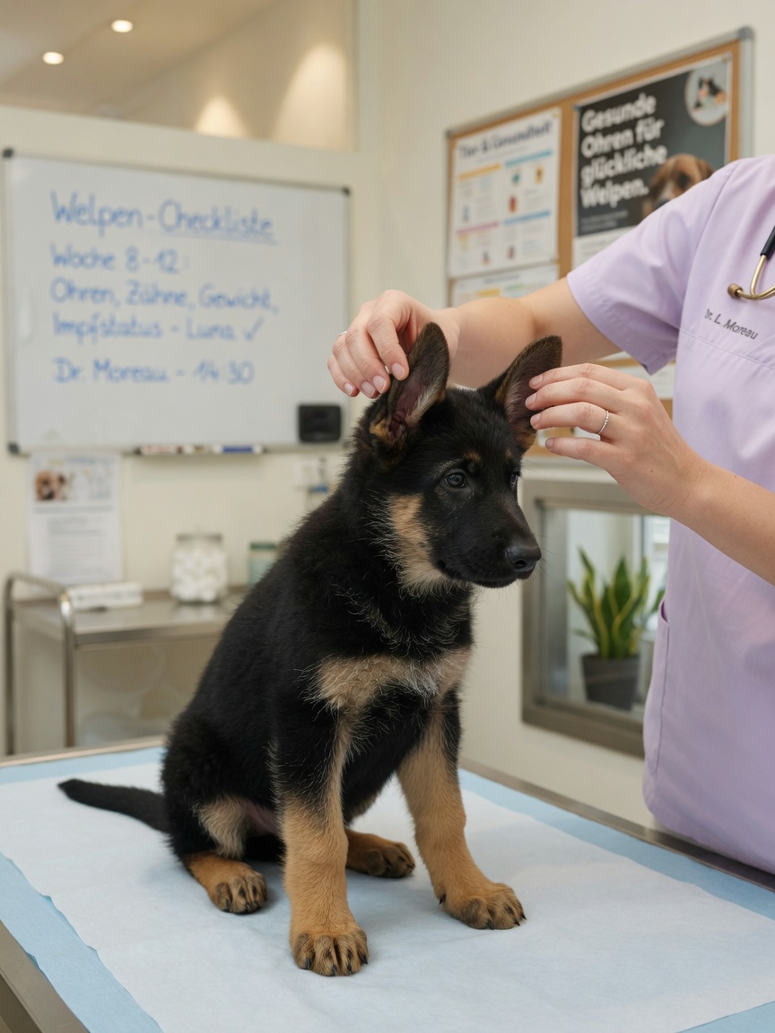 Black and tan German Shepherd puppy being examined by veterinarian during wellness check, showing gentle handling and assessment