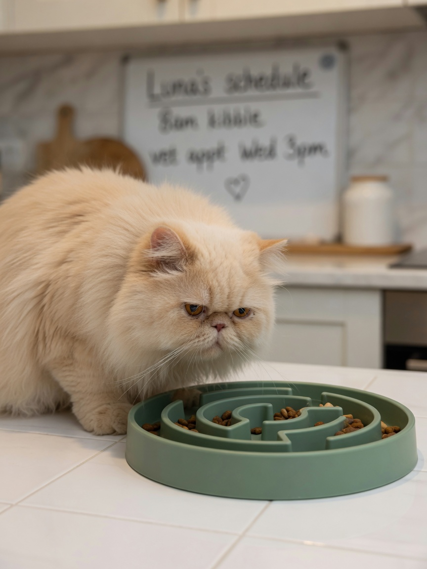 Persian cat with flat face eating from a wide-channel puzzle feeder bowl in a kitchen, showing accessible openings suitable for flat-faced breeds