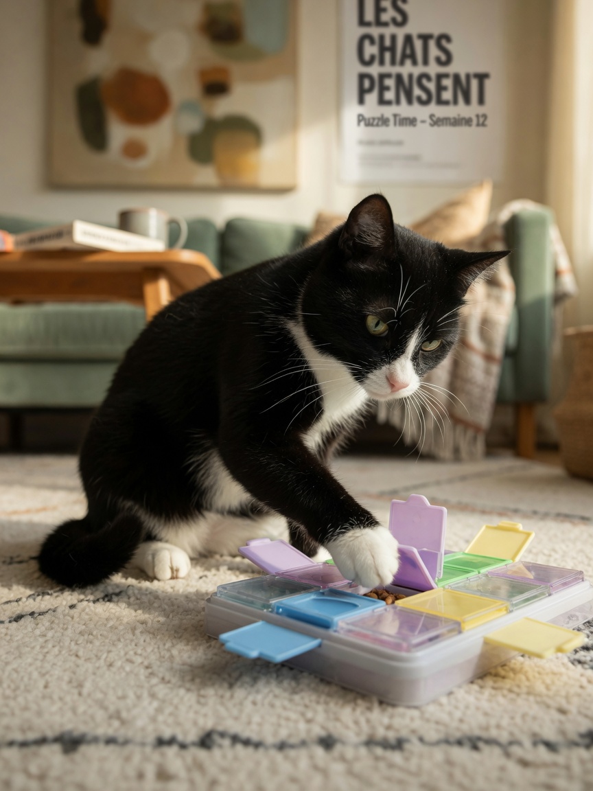Black and white cat problem-solving with an intermediate puzzle feeder featuring sliding tile mechanism on a carpet, showing cognitive engagement