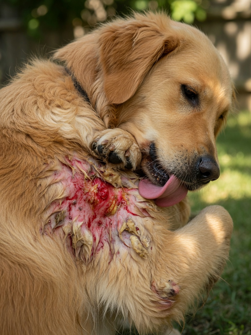 Dog with acute moist dermatitis hot spot showing inflamed red skin and hair matting