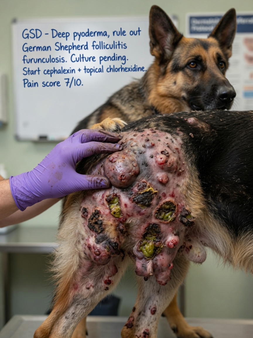 German Shepherd Dog with severe deep pyoderma showing nodules, draining tracts, and ulceration on hindquarters