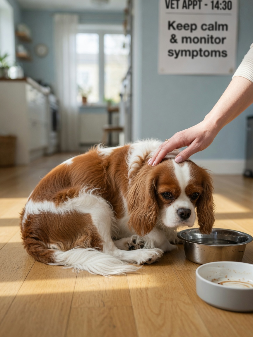 Cavalier King Charles Spaniel doente e letárgico mostrando sinais de piometra perto de tigela de água com mão preocupada do proprietário visível