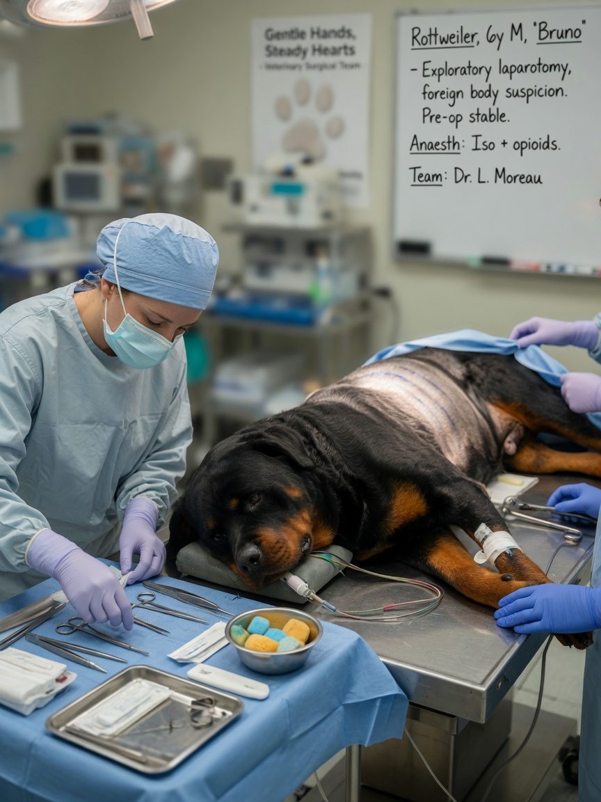 Equipa cirúrgica a realizar ovariohisterectomia de emergência em Rottweiler anestesiado na sala de cirurgia