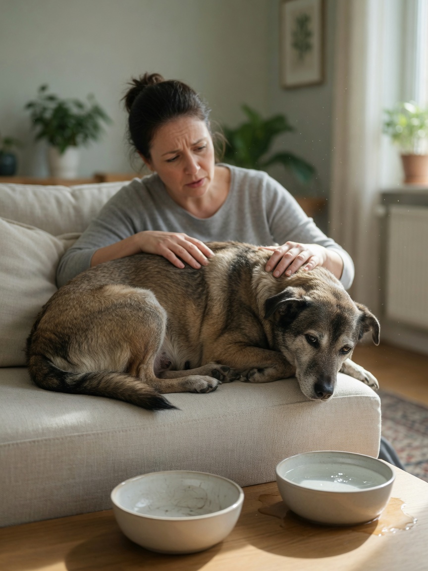 Dog owner noticing signs of illness in her unwell female dog at home with water bowls visible
