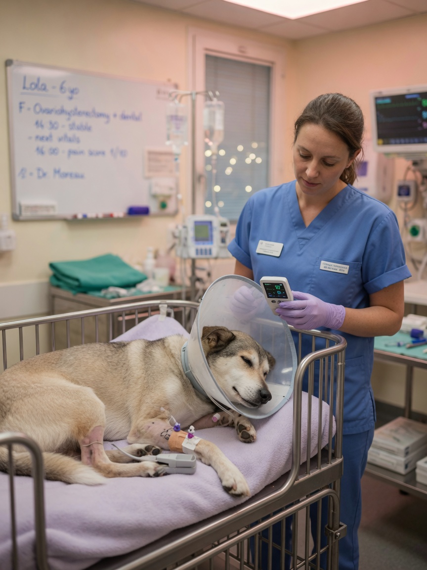 Recovering dog in hospital cage post-emergency surgery wearing surgical collar with veterinary nurse monitoring care
