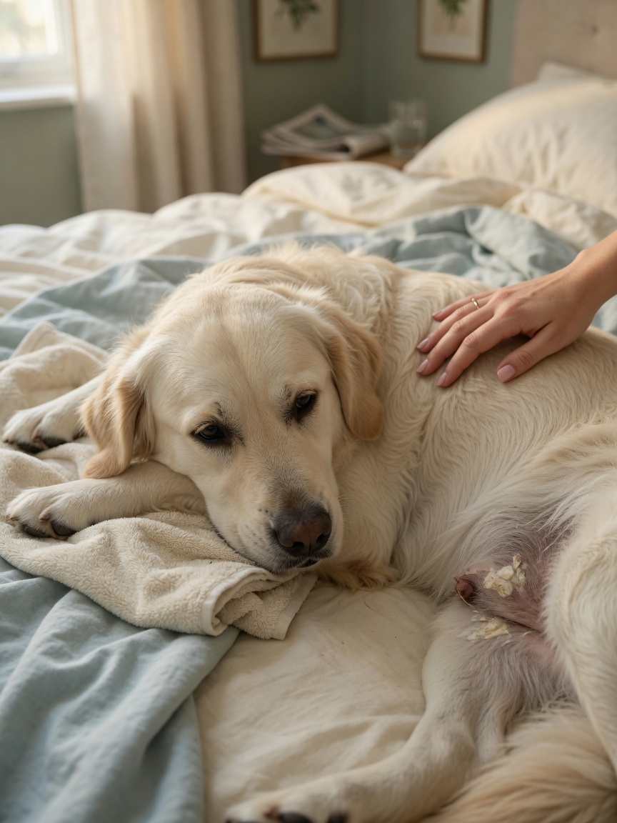 Female dog showing visible signs of discharge and lethargy consistent with open pyometra