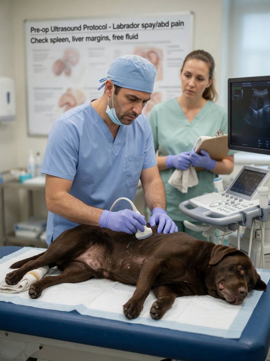Veterinarian performing ultrasound diagnostic scan on female dog to diagnose pyometra