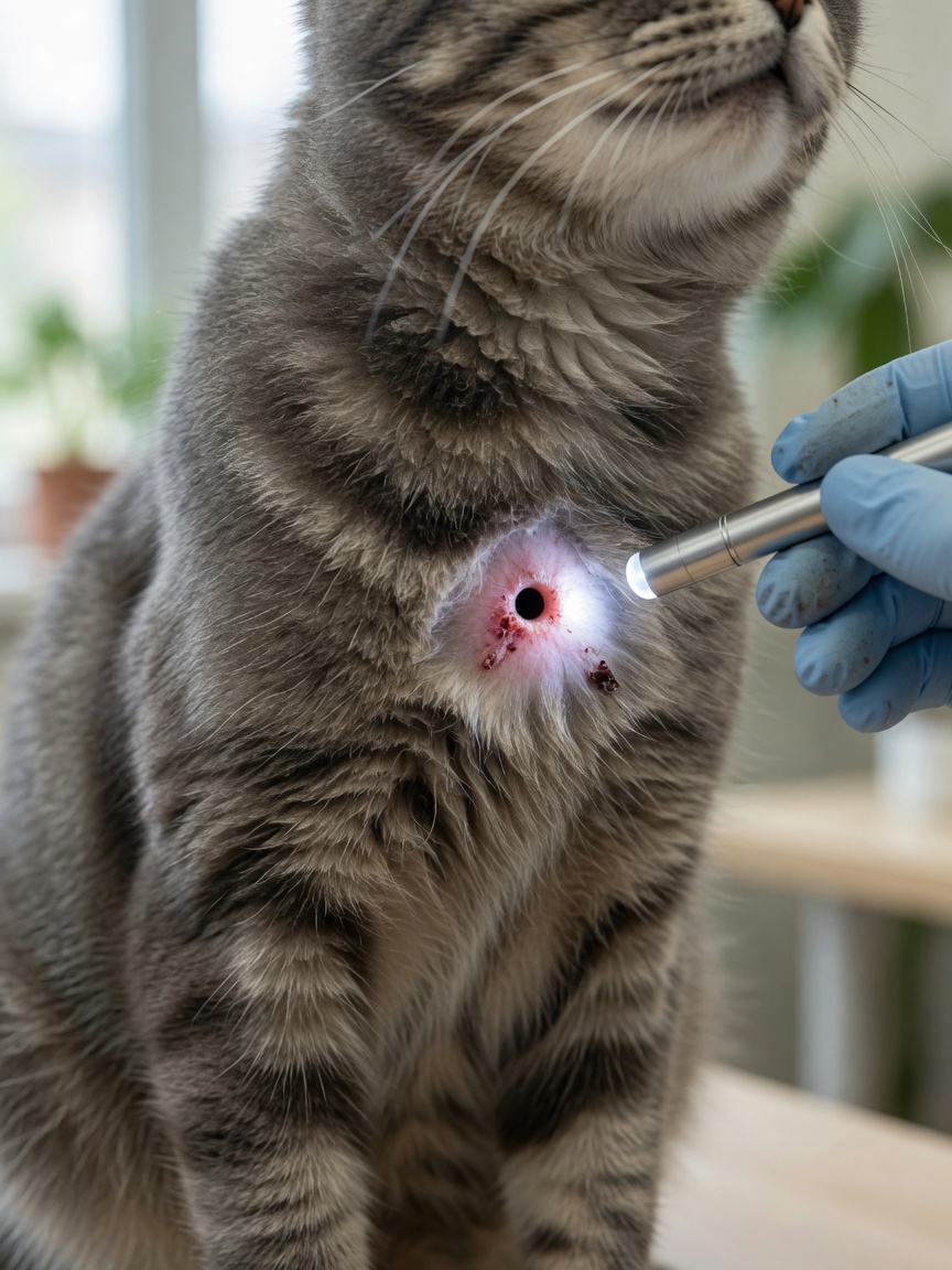 Close-up of a cat bite wound on chest being examined by a veterinarian with penlight