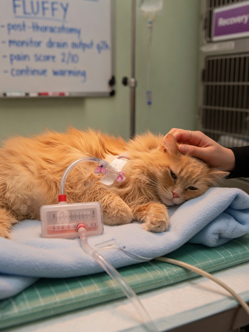 Ginger cat recovering with an indwelling chest drain tube, resting on soft bedding with veterinary technician providing comfort care