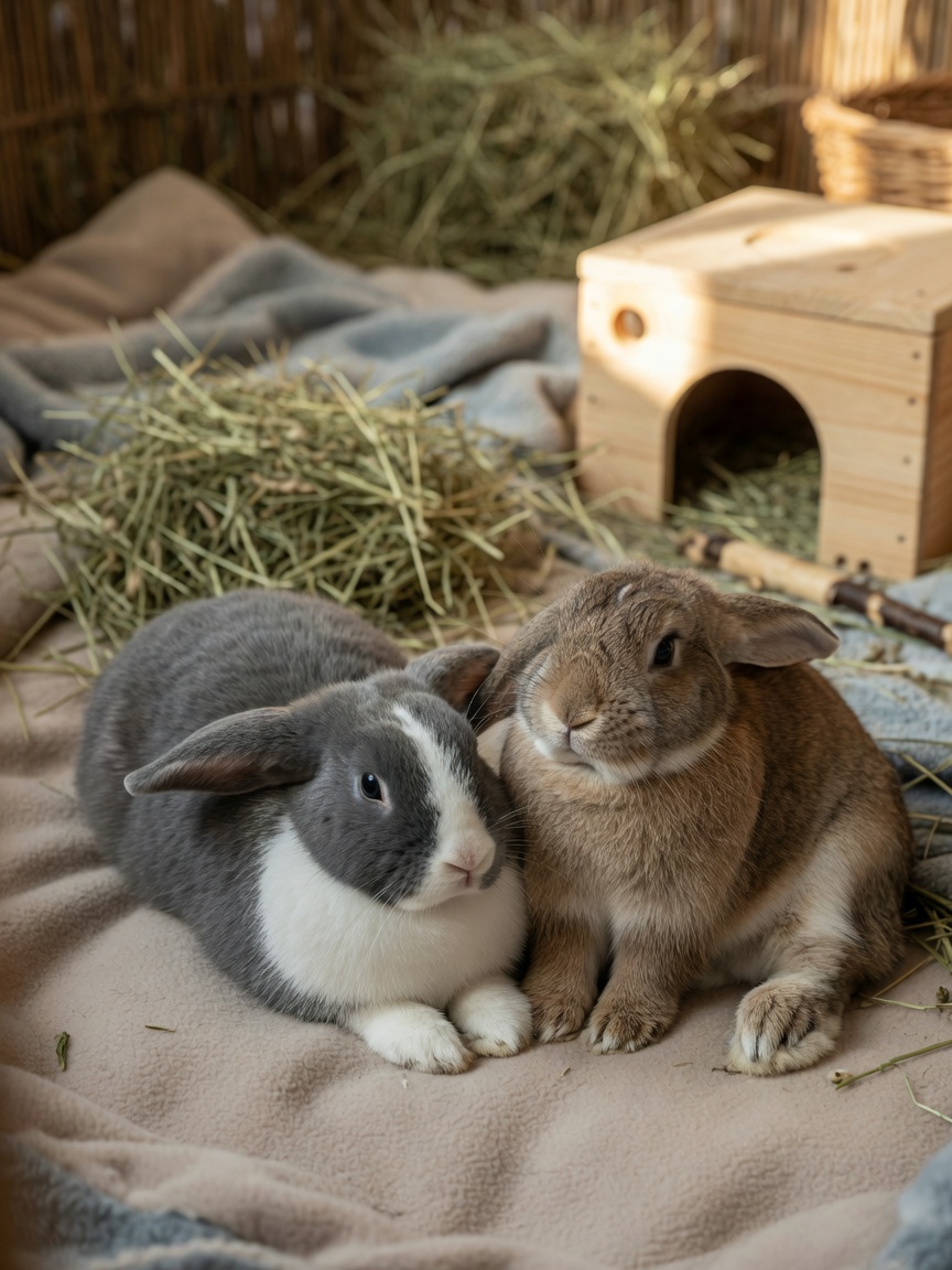 Two bonded rabbits resting peacefully together in a cosy enclosure with hay and natural enrichment