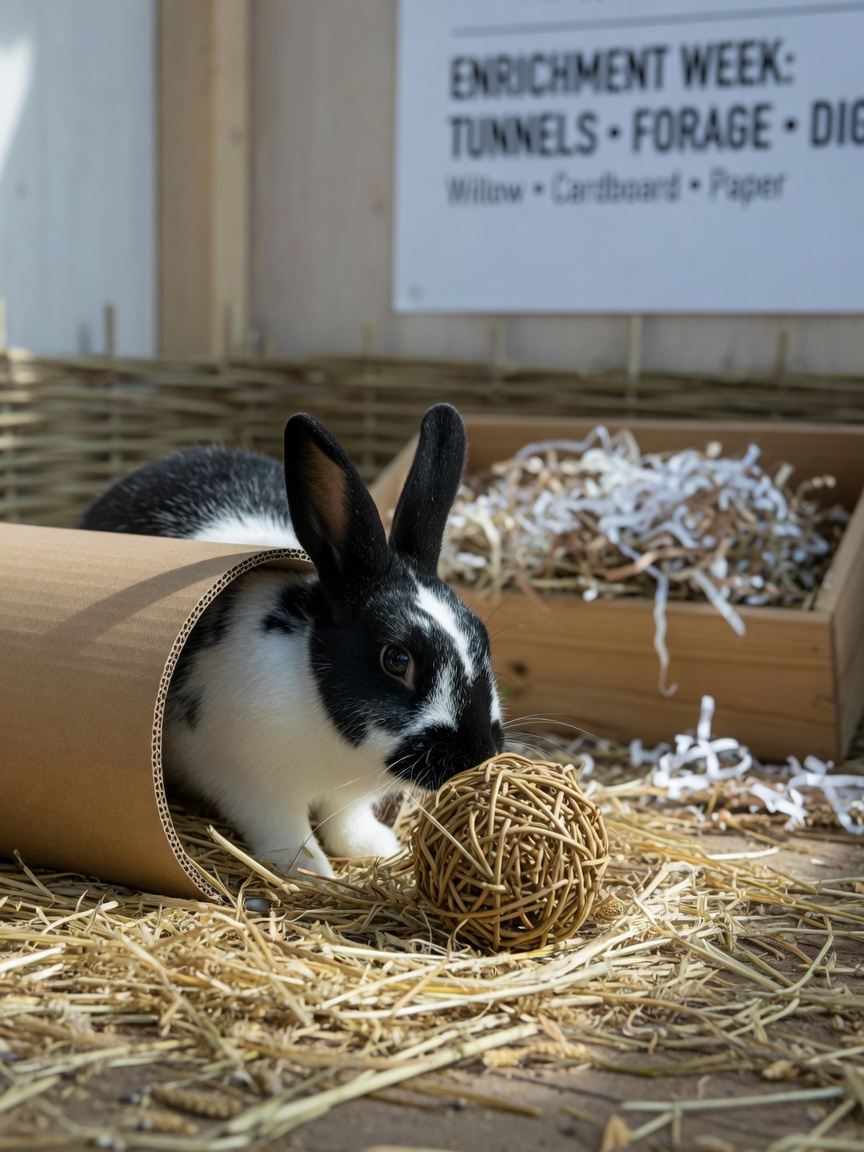A curious rabbit exploring cardboard tunnels and enrichment toys including willow balls in a well-designed enclosure