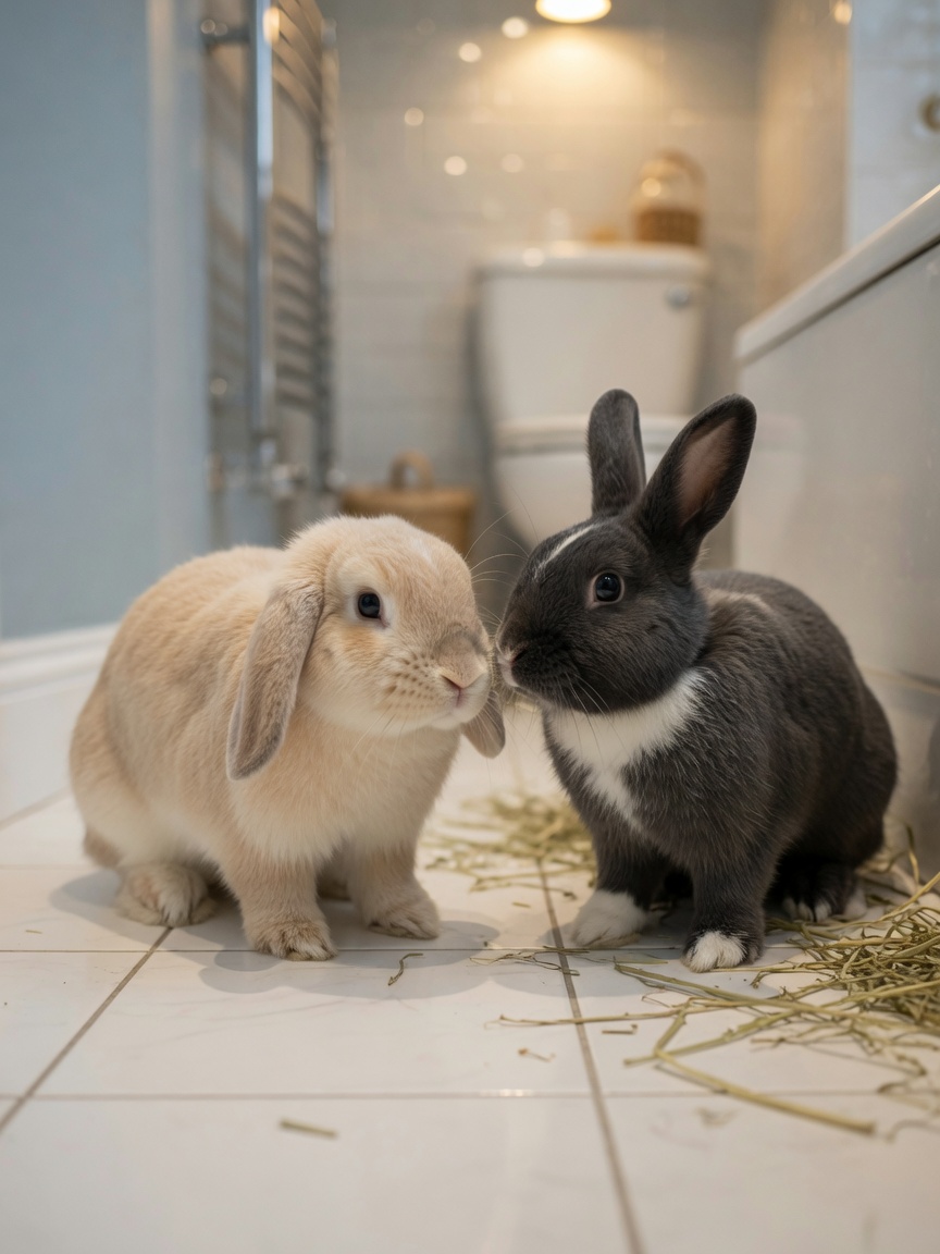 Male and female rabbit meeting nose-to-nose during a neutral territory introduction
