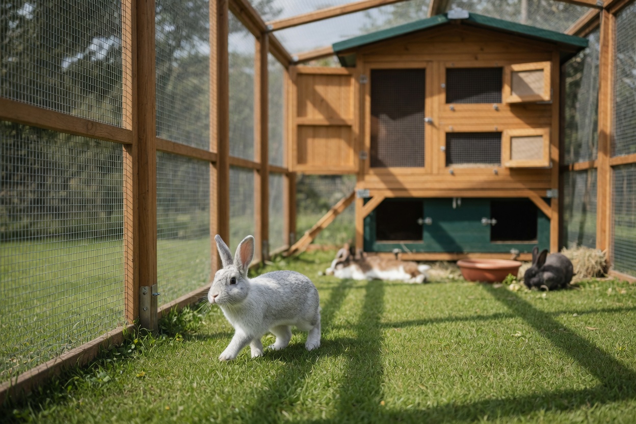 Kaninchen erkundet einen geräumigen Außenauslauf mit wettergeschütztem Stall und prädatorensicherem Zaun