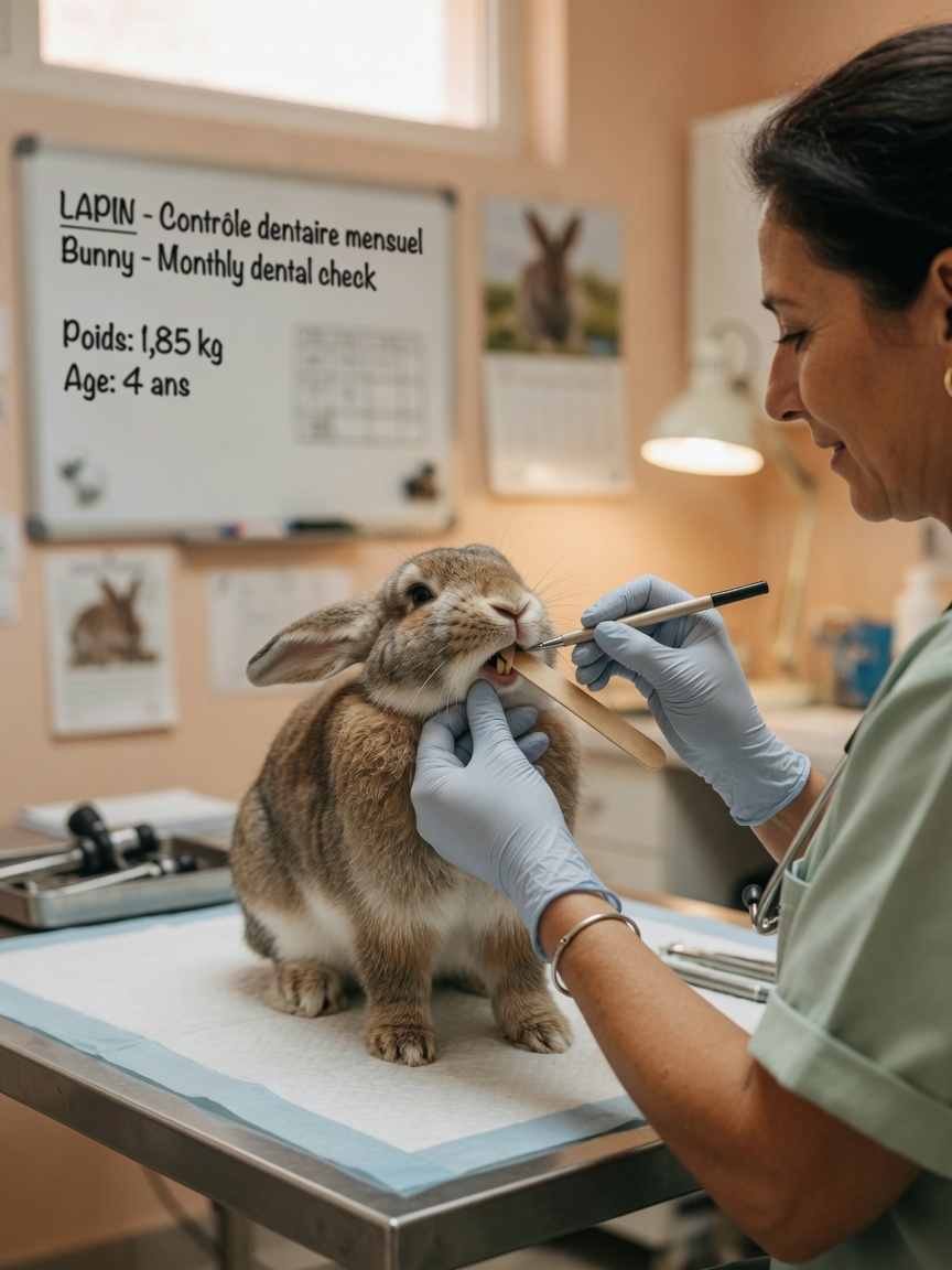 Tierarzt untersucht Kaninchenzähne und Mund während der routinemäßigen Gesundheitskontrolle