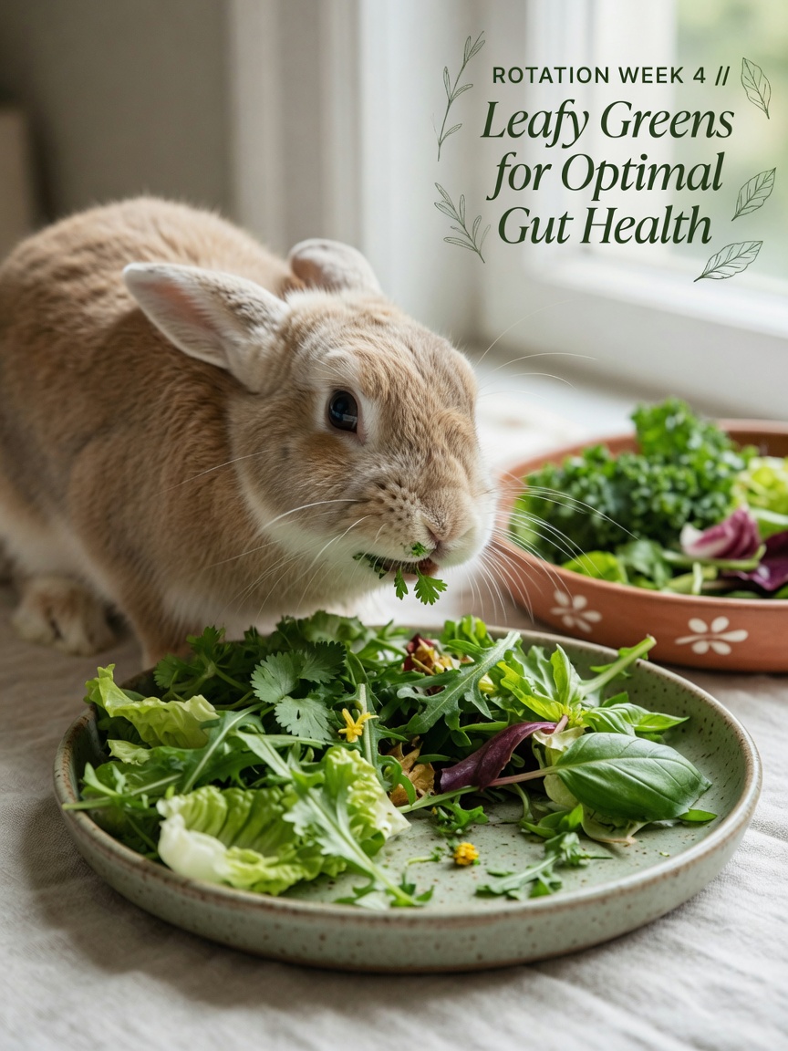 Rabbit eating from a dish of fresh leafy greens including romaine, cilantro, arugula, and dandelion greens