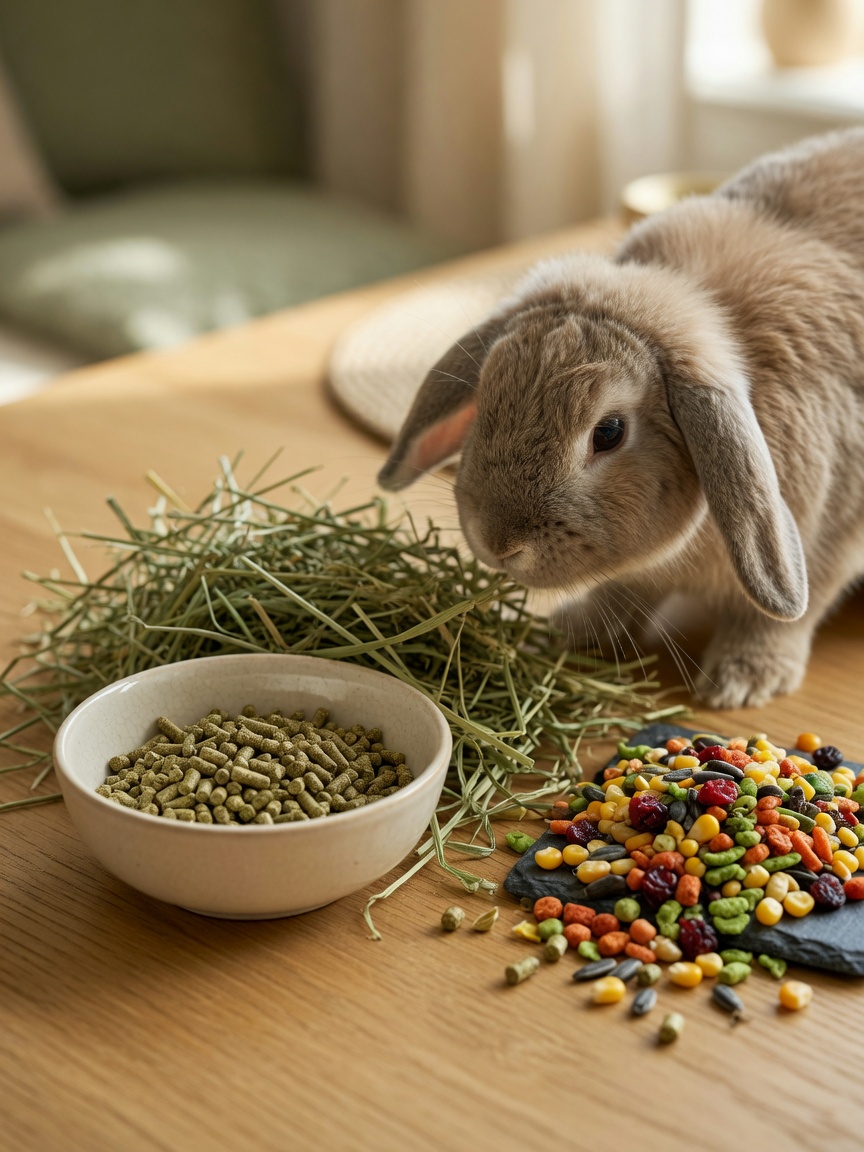 A small portion of plain timothy hay-based pellets compared to colorful commercial rabbit food mix, with a rabbit nearby