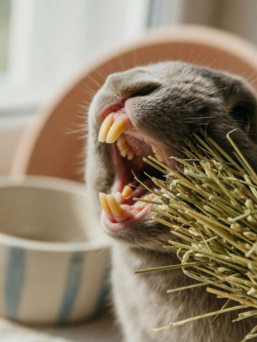 Close-up of rabbit's healthy teeth next to timothy hay showing natural dental wear mechanism