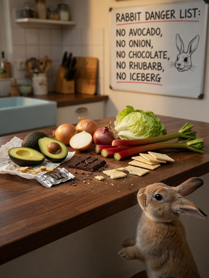 Rabbit at kitchen counter with forbidden foods including avocado, onions, chocolate, and processed items