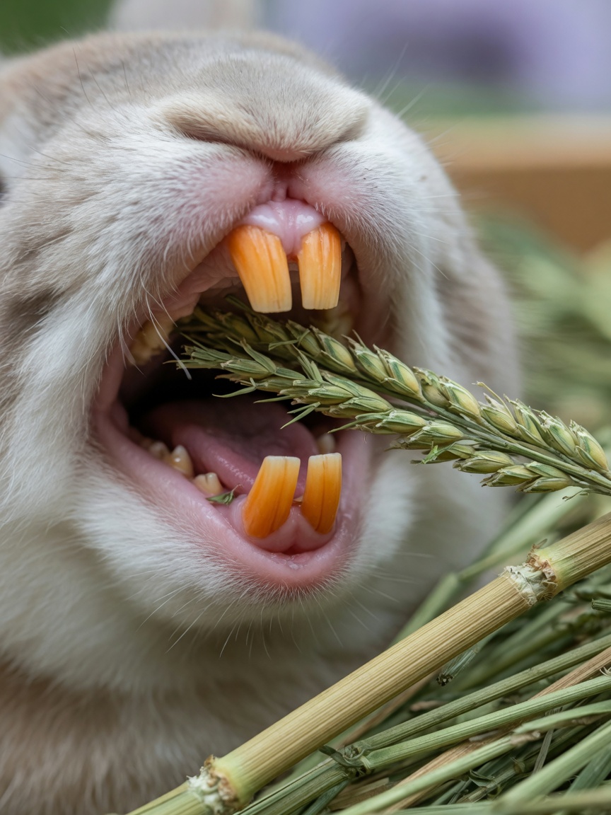 Close-up of a rabbit's teeth with fresh Timothy hay demonstrating natural dental wear