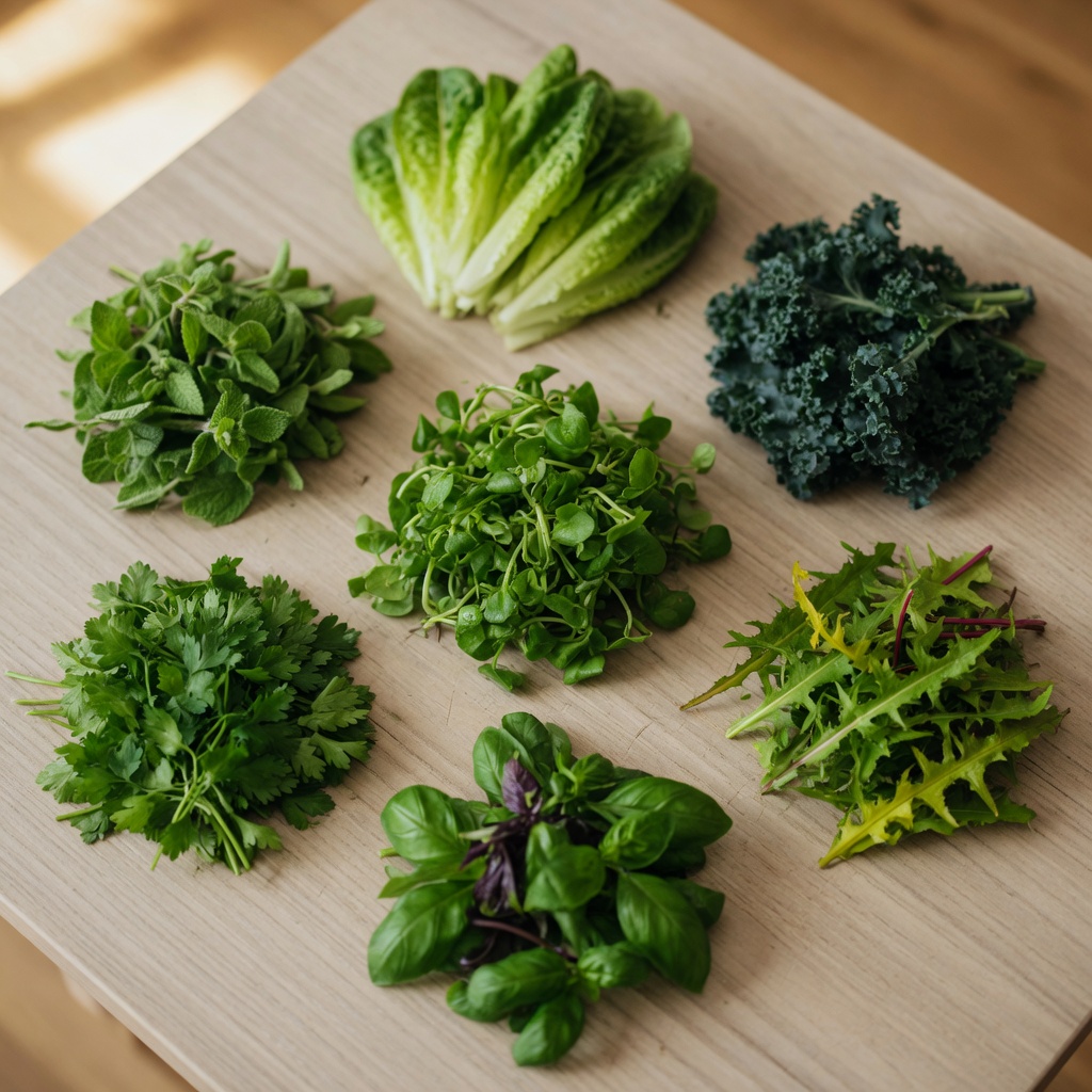 Overhead arrangement of diverse safe rabbit greens including lettuce, kale, herbs, and watercress