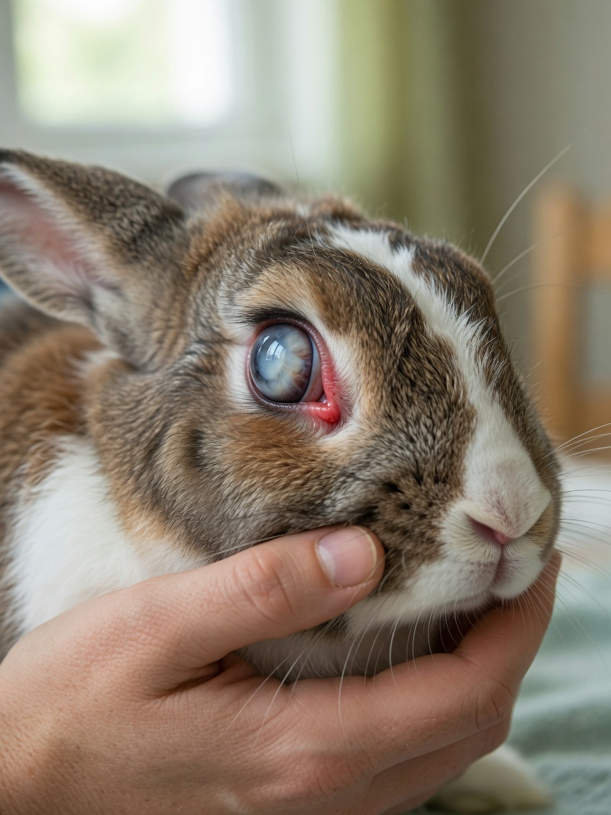 Rabbit with cloudy white eye inflammation from encephalitozoon cuniculi uveitis