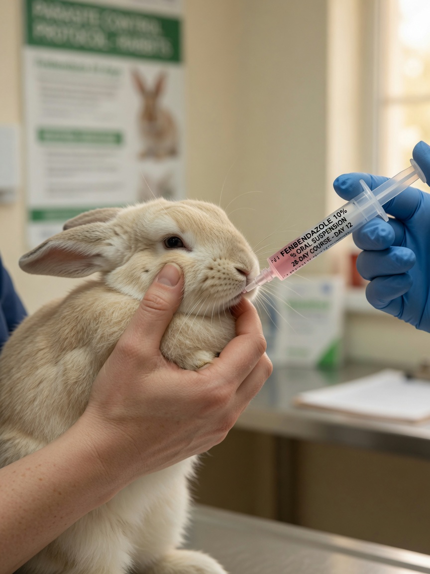 Veterinarian administering fenbendazole treatment to a rabbit with encephalitozoon cuniculi