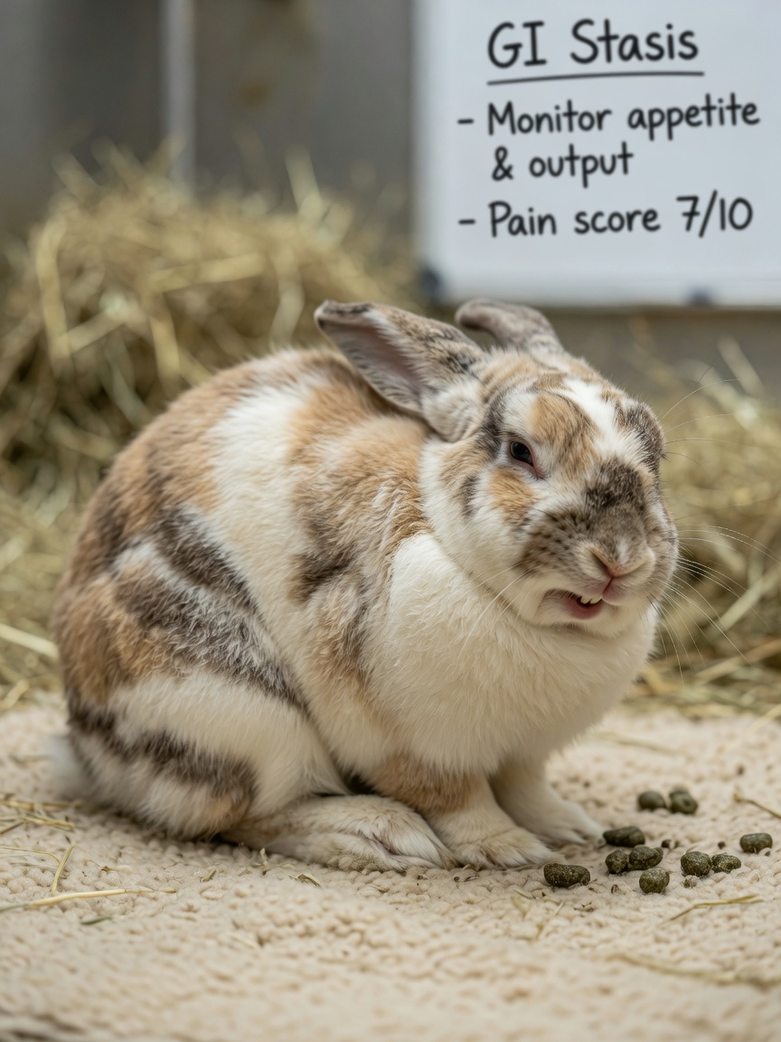 Kaninchen mit gekrümmter Körperhaltung und Stressanzeichen charakteristisch für Magenverstimmung