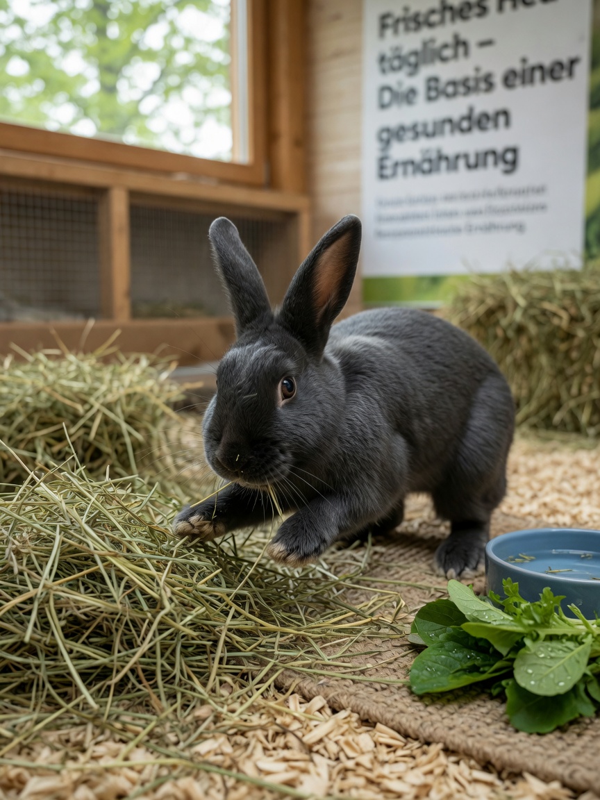 Gesundes Kaninchen futtert aktiv unbegrenztes Heu zur Vorbeugung von Magenverstimmung