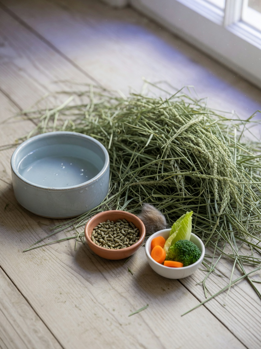 Rabbit nutrition setup showing abundant timothy hay, fresh water bowl, fresh vegetables, and pellets on a wooden surface in natural lighting