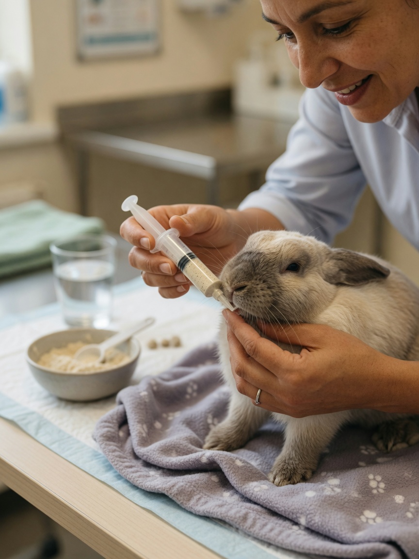Owner carefully syringe feeding a patient rabbit with Critical Care mixture during home recovery from GI stasis