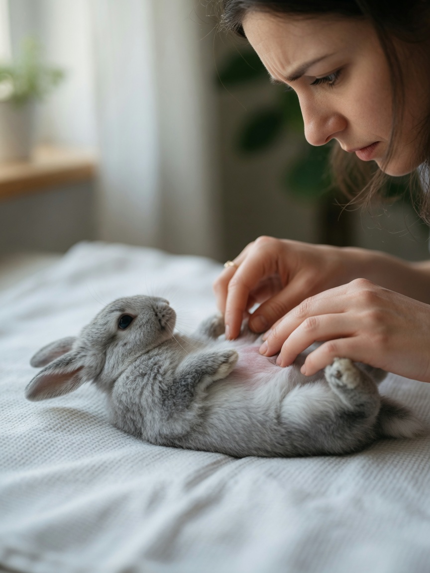 Owner carefully examining rabbit's belly for signs of bloating and distension during health assessment