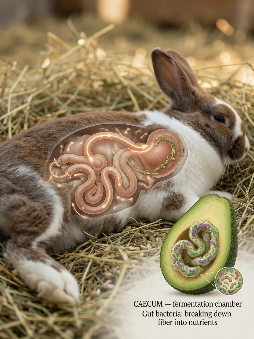 Rabbit surrounded by hay showing the importance of digestive system and fiber intake
