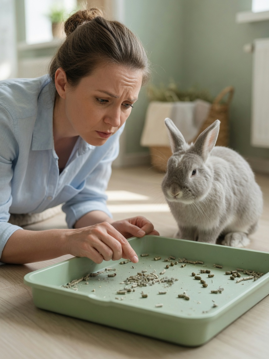 Rabbit owner checking their rabbit's droppings in litter tray to monitor for GI stasis signs