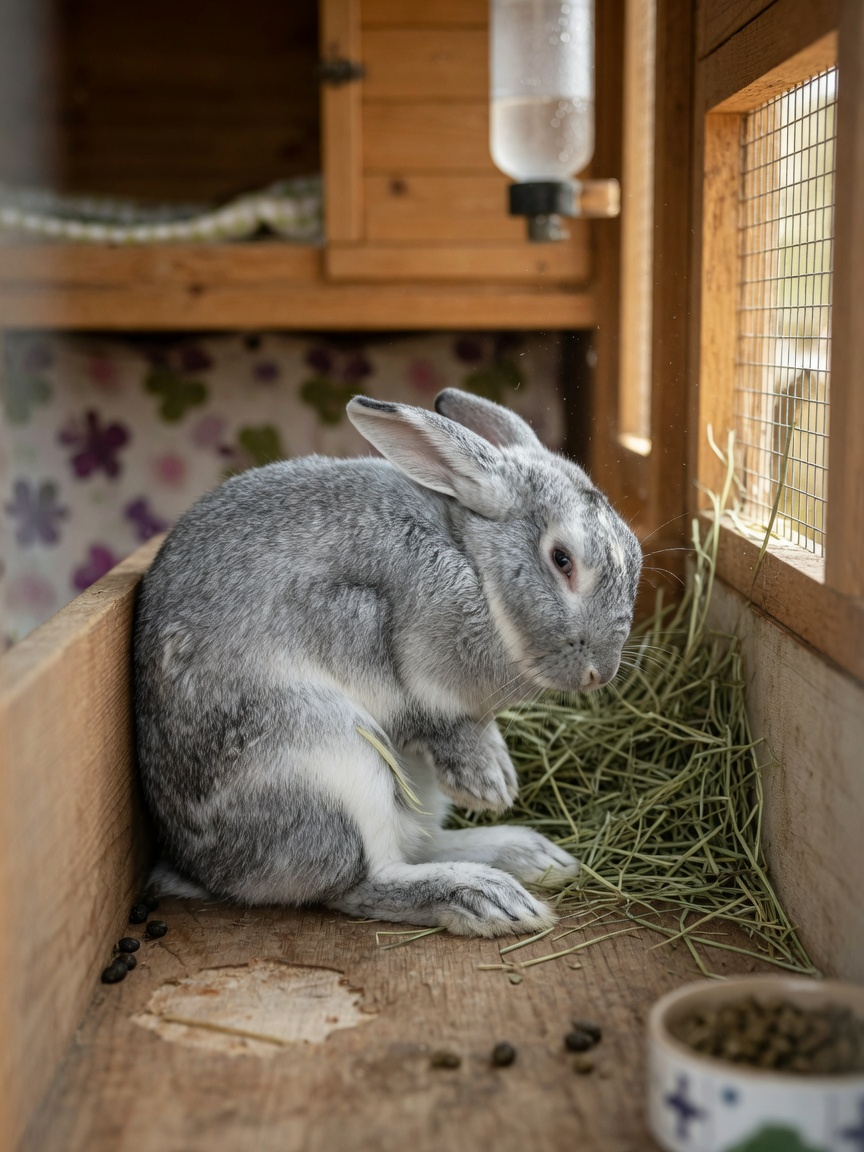 Rabbit displaying signs of gastrointestinal stasis with hunched posture and reduced droppings